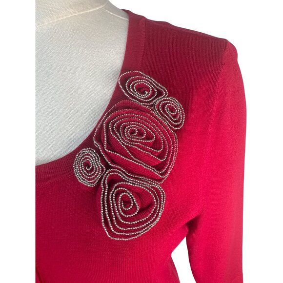 2/$30 White House Black Market Small Red Cardigan Sweater Embellished Shoulder - Picture 7 of 16